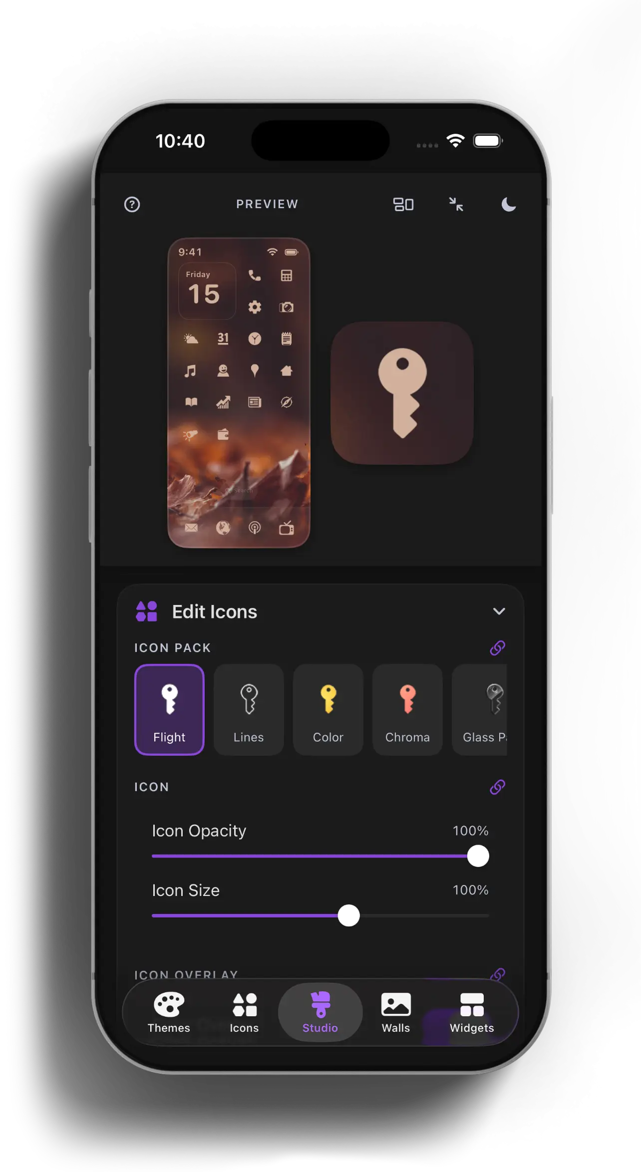 iPhone showing the Theme Studio Studio tab with a live home-screen preview and Edit Icons controls