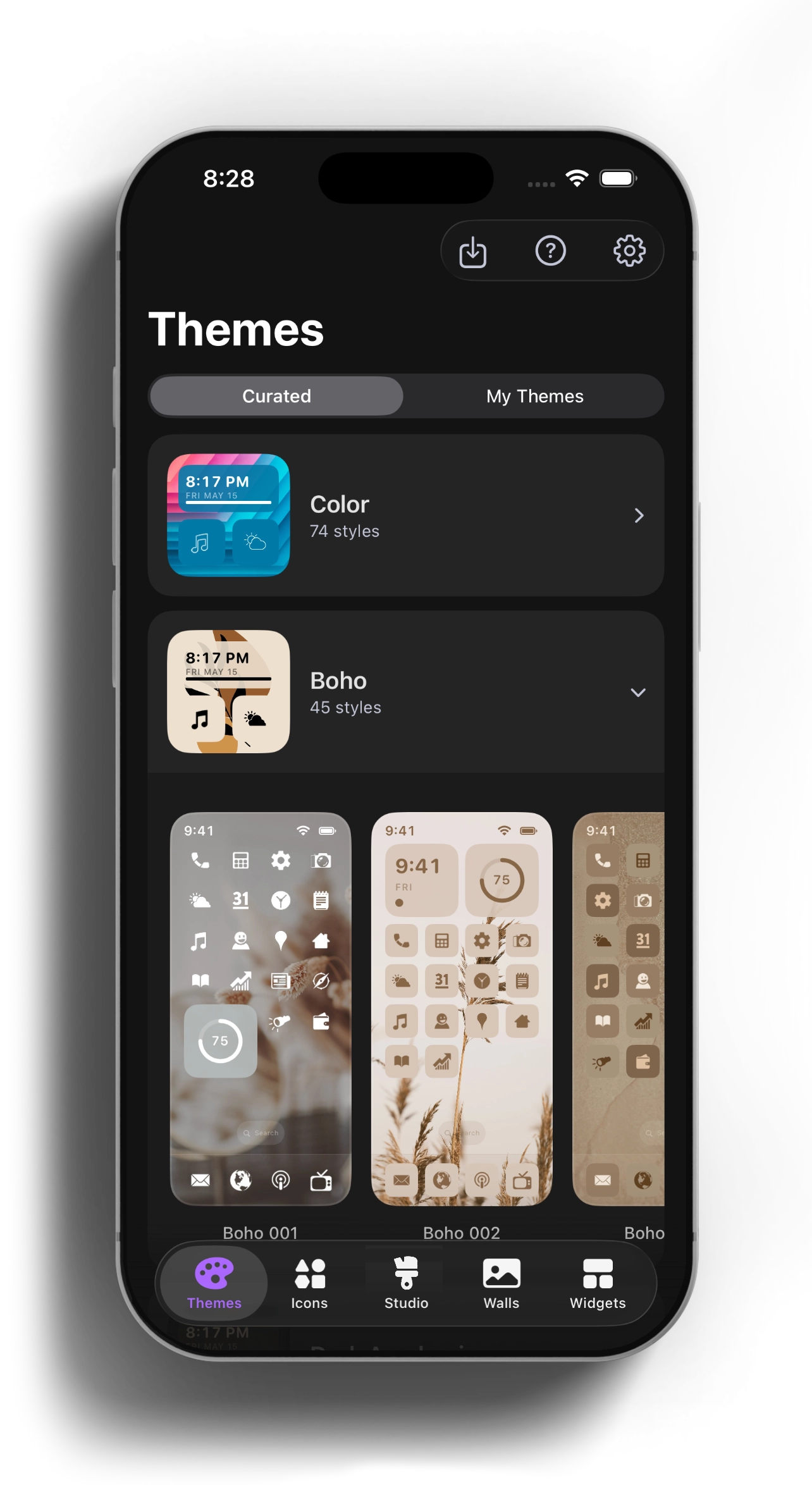 iPhone showing the Themes tab with curated theme cards