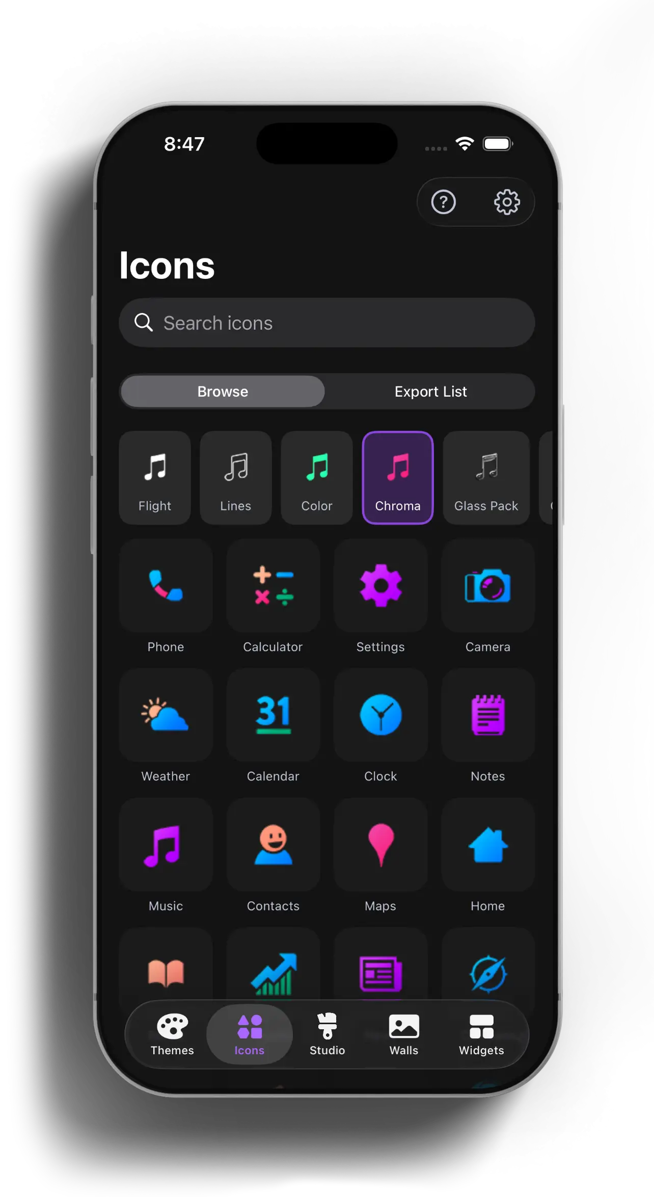 iPhone showing the Icons tab with a pack picker and a colorful icon grid