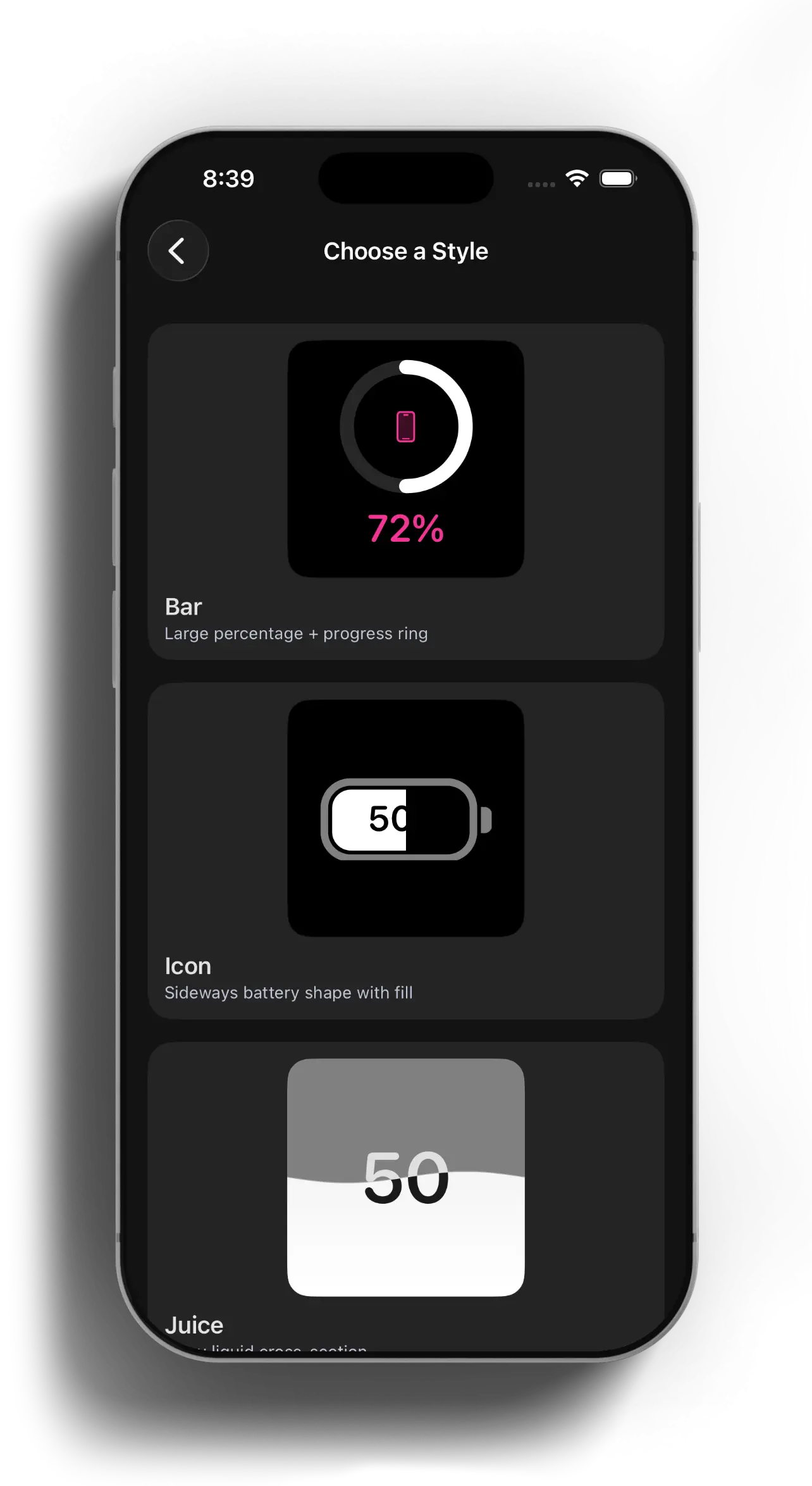 iPhone showing the widget style picker with bar, icon, and juice battery variants