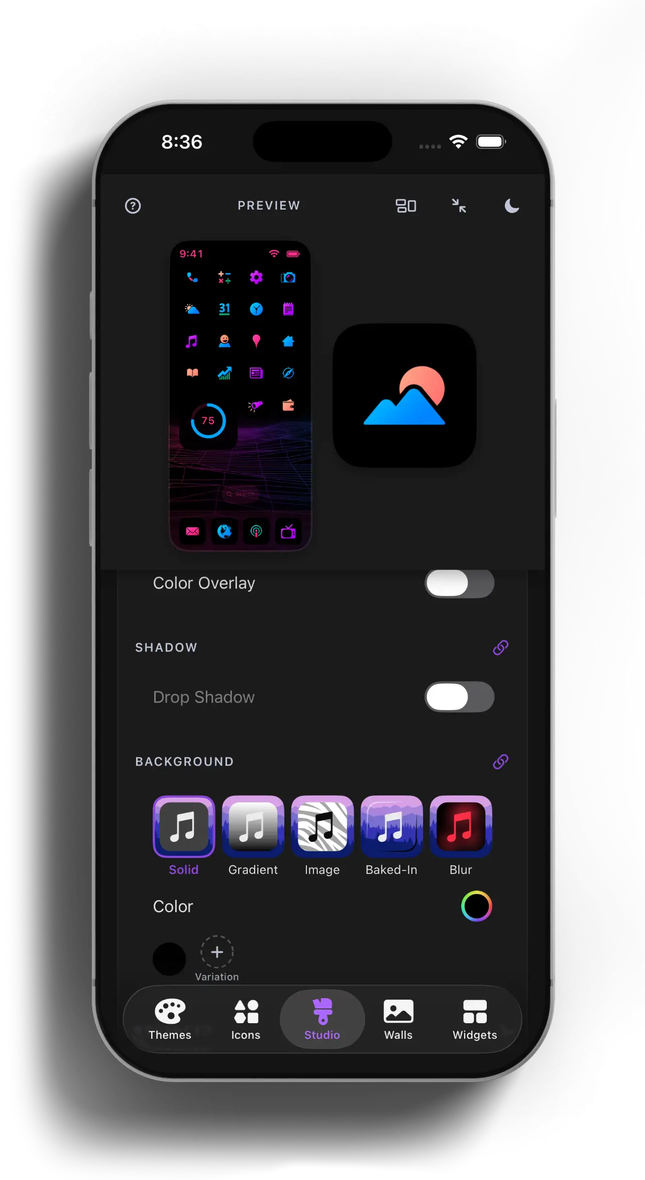 iPhone showing icon background style options: solid, gradient, image, baked-in, blur