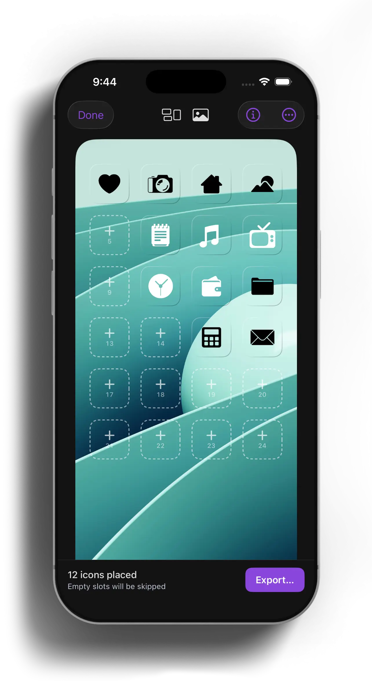 iPhone showing the Bakery: icons being placed into a wallpaper with empty grid slots