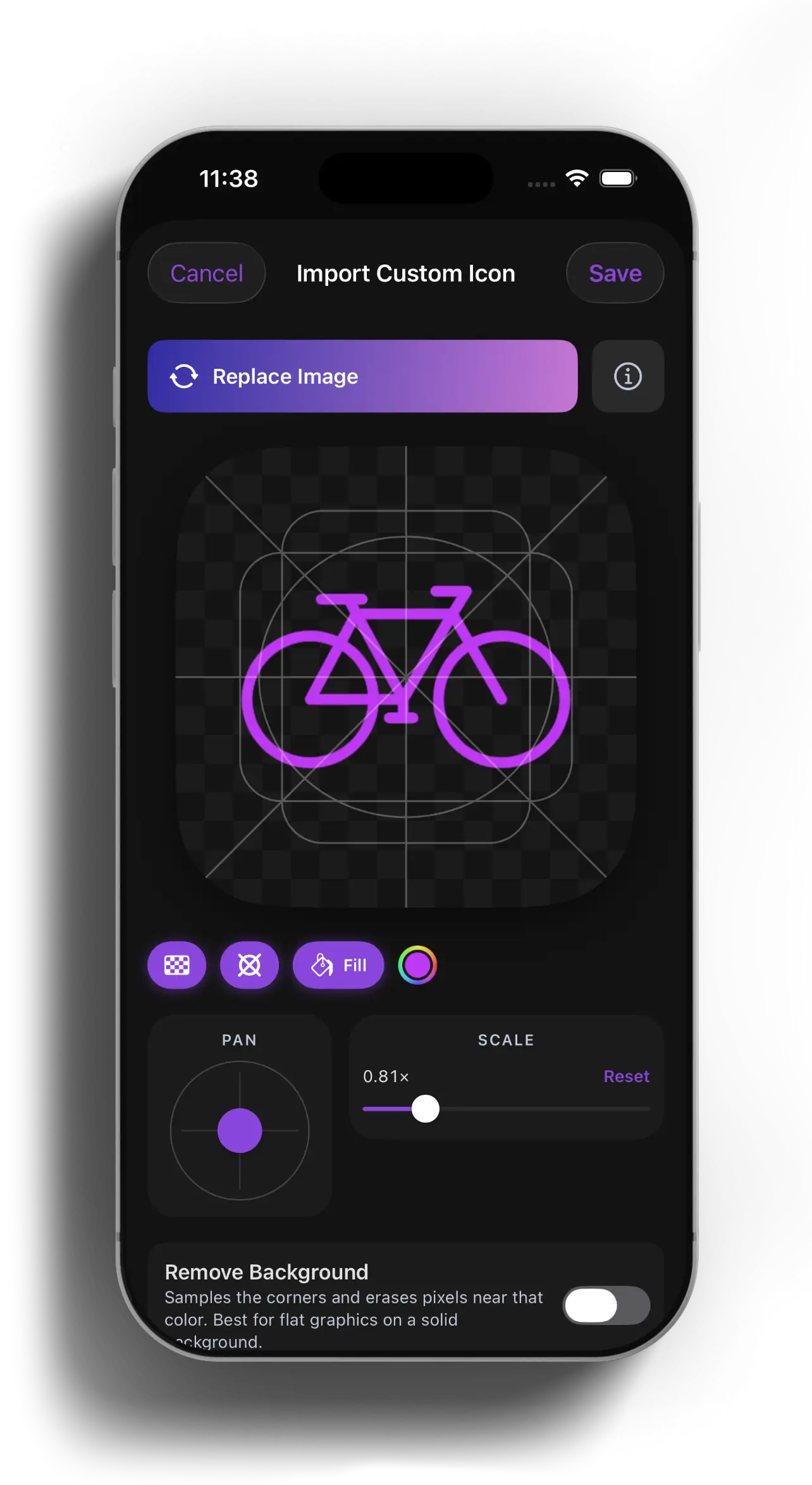 iPhone showing the Import Custom Icon screen with a magenta bicycle glyph and pan/scale/fill controls