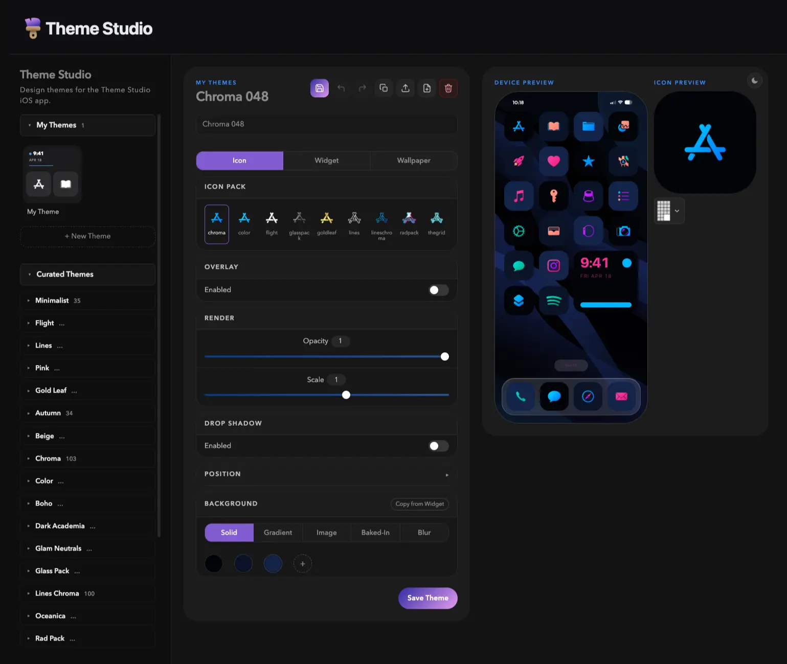 Theme Studio web editor showing the icon, widget, and wallpaper controls alongside a phone preview
